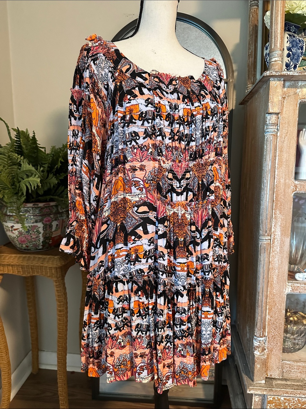 Free People Multi-Print Long Sleeve Tiered Dress in Orange, Black, Cream